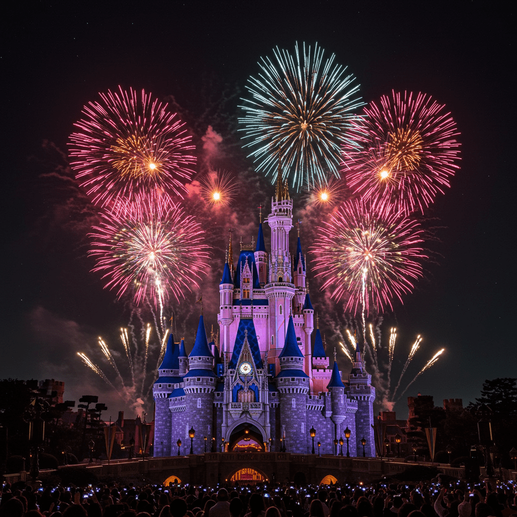 Tokyo Disneyland castle with colorful fireworks display at night