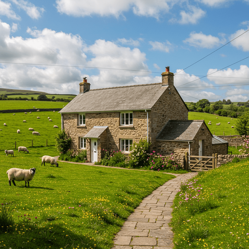 Traditional Welsh farmstay cottage with sheep grazing in the picturesque countryside of Wales